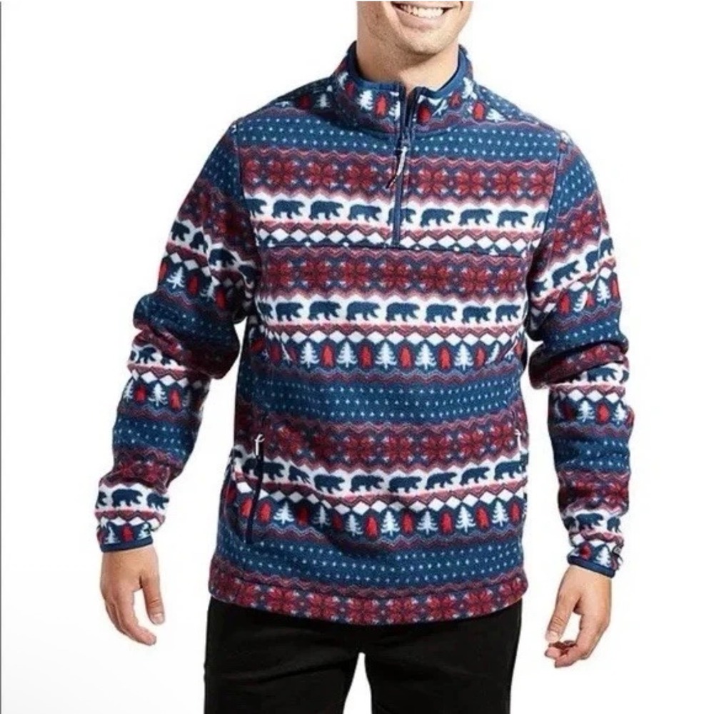 Chubbies Mens XL Fleece Quarter‎ Zip Pullover Bear Fair Isle Blue Red